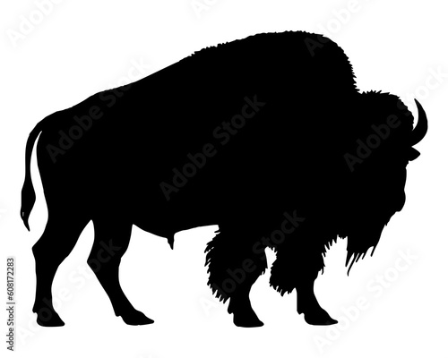 American bison black silhouette animal. Buffalo cattle mammal. Wildlife animal icon. Vector illustration isolated on a white background