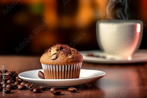 Muffins and a cup of coffee on a wooden table, Generative AI