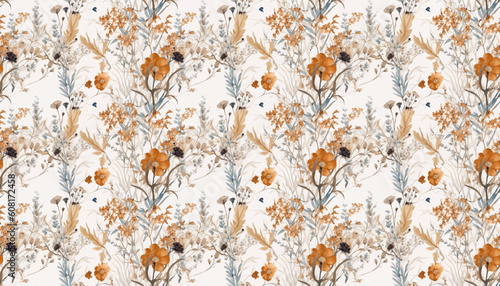 Seamless floral textile pattern with vintage dry flowers. Floral fabric