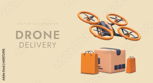 3d realistic drone, shopping bags and cartoon box. Advertising poster, landing page for delivery company. Order delivery of goods. Vector illustration in orange colors