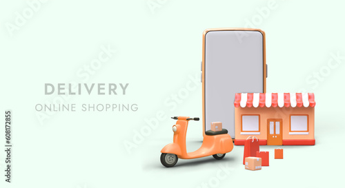 Fast delivery by maneuvering vehicle. Courier services on moto scooter. Online shopping with delivery. Phone application of your favorite store. Trendy advertising template with 3D figures