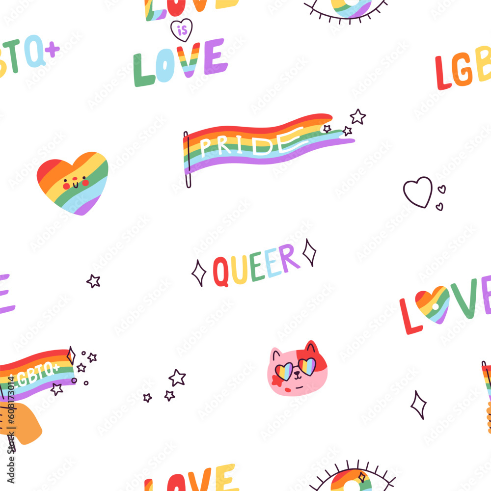 Seamless LGBT pattern. Endless background, LGBTQ love. Rainbow flag, cute cat, queer, repeating print design for pride month. Multicolor texture in doodle style. Colored flat vector illustration