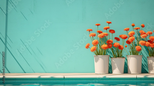 Summer Light blue wall with flowers in a white vase on a table created with generative AI technology