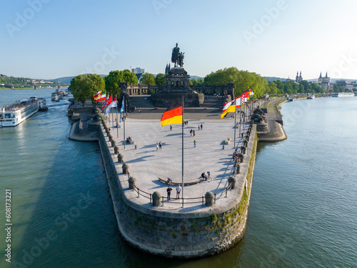 Deutsches Eck or German Corner headland in Koblenz, where the Mosel river joins the Rhine. Aerial 5k shot