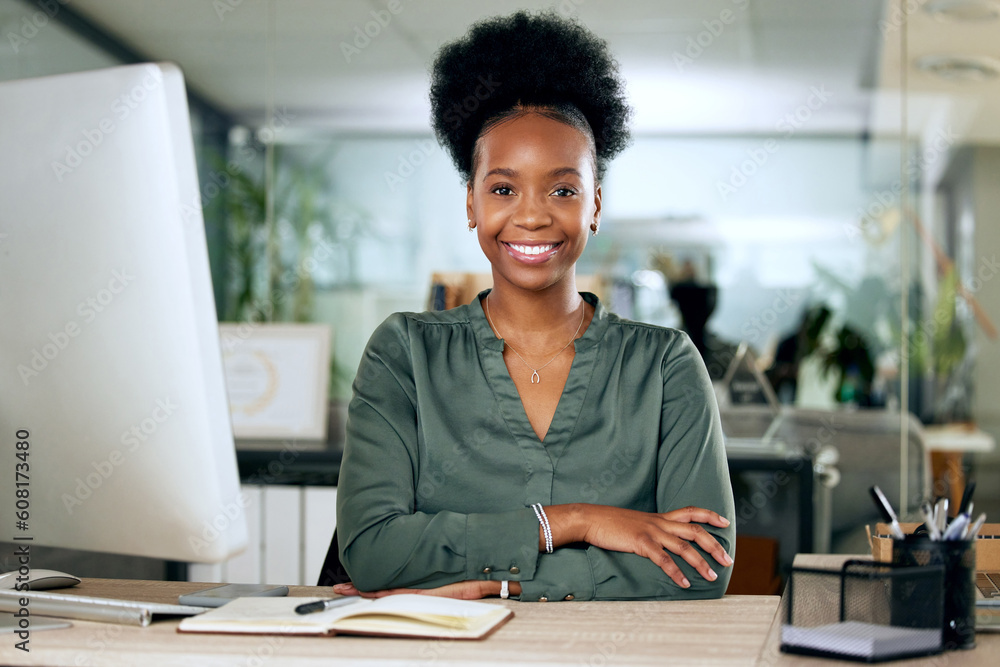 Portrait of confident black woman at desk with smile, computer and African entrepreneur with pride. Happy face of businesswoman in office, small business startup and receptionist at management agency Portrait of confident black woman at desk with smile, computer and African entrepreneur with pride. Happy face of businesswoman in office, small business startup and receptionist at management agency