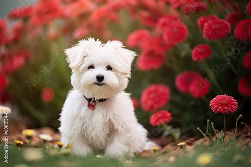 Small white dog in a garden created with generative AI technology