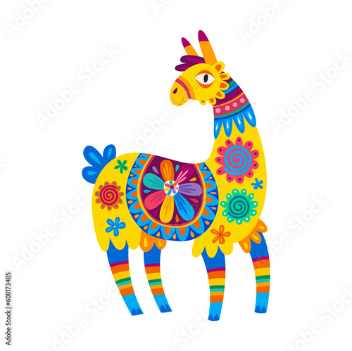 Funny green alpaca, llama cartoon character with ethnic design accessories. Vector smiling llama with big eyes, peruvian or mexican animal personage