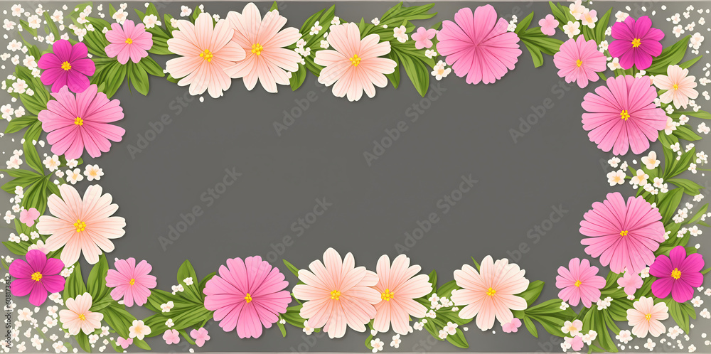 Pink flowers with leaves on a gray background, with space for text. Generative AI