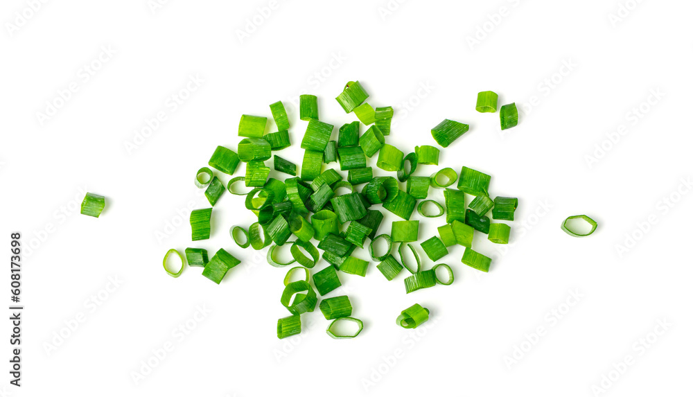 Chopped fresh green onions isolated on white background. Top view Stock  Photo