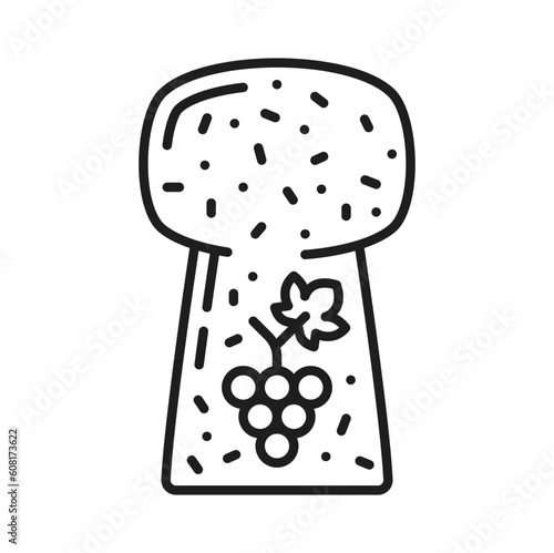 Wine cork with grape branch print outline icon. Vector wooden cork for champagne or wine winery drink, alcohol beverage cork with grape