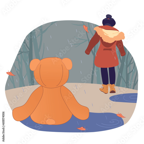 A Teddy bear is thrown in the rain, and the child leaves. An unnecessary toy in the autumn Park. Vector illustration of loneliness and mental depression. The concept of broken hopes and growing up.