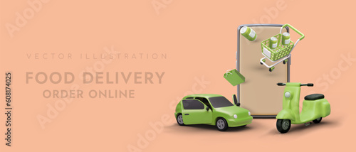 Delivery of food and drinks. Online ordering service. Services of transportation of grocery sets. Delivery by scooter and car. Advertising template for transport company