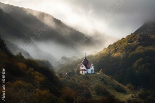misty morning, with the chapel surrounded by mountains and clouds, created with generative ai