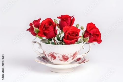 red roses in a vintage tea cup on white background, created with generative ai