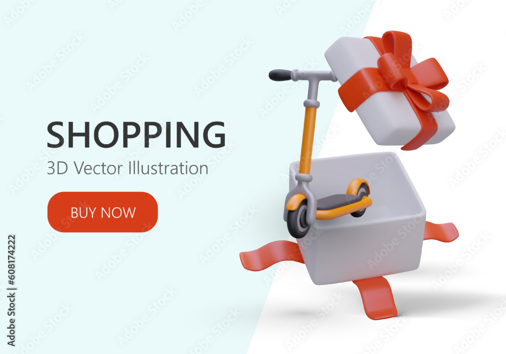 Web page for gift shop. 3d realistic opened gift box with kick scooter inside. Colorful online shopping landing page for souvenir shop. Vector design with background in blue color Web page for gift shop. 3d realistic opened gift box with kick scooter inside. Colorful online shopping landing page for souvenir shop. Vector design with background in blue color