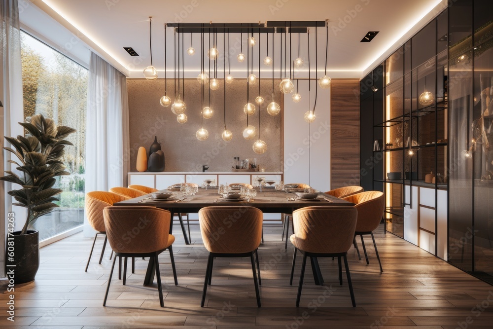 creative lighting design for a dining room, with warm mood and comfortable atmosphere, created with generative ai
