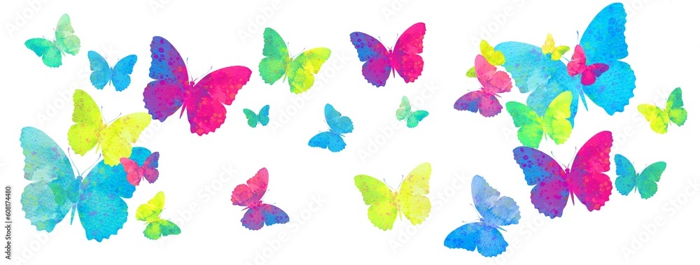 Butterflies pattern, watercolour summer horizontal illustration. Wedding, birthday, baby shower, Holiday banner.