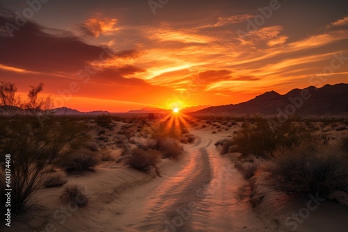 desert sunrise, with warm tones and fiery skies, created with generative ai © altitudevisual
