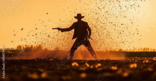 cowboy silhouette in wild west with revolver. western outlaw. generative ai