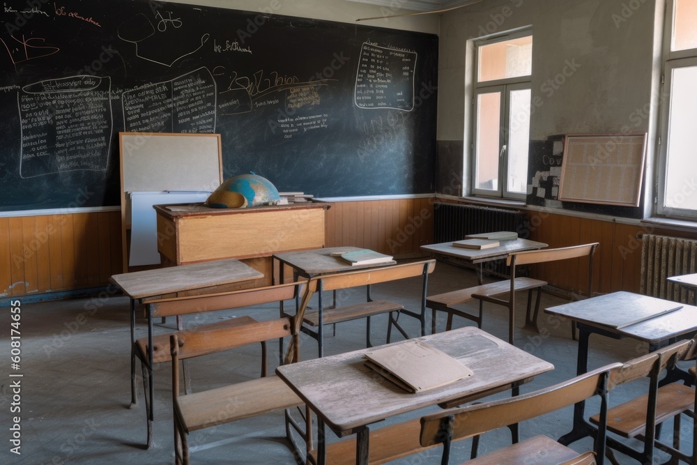 classroom with blackboard and chalk, ready for lessons to be written, created with generative ai classroom with blackboard and chalk, ready for lessons to be written, created with generative ai