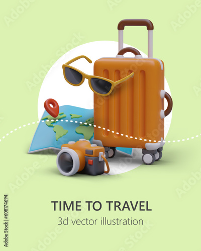 Advertising of tourist service. Time to see interesting countries, visit monuments, see world architecture and relax. Vertical poster with 3D elements. Shopping tour