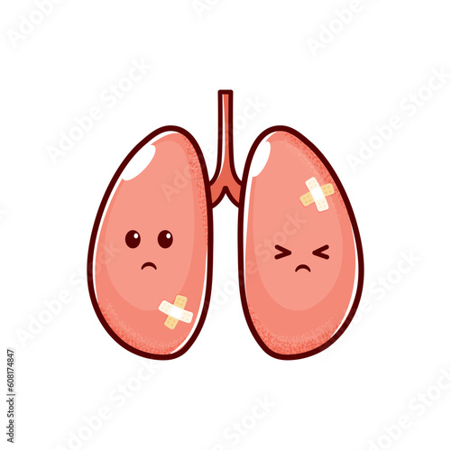 Cartoon sick lungs character, injured unhealthy human organ, vector lungs with medical patch. Health and anatomy, respiratory system disease or pneumonia, cancer and tuberculosis and bad health lungs