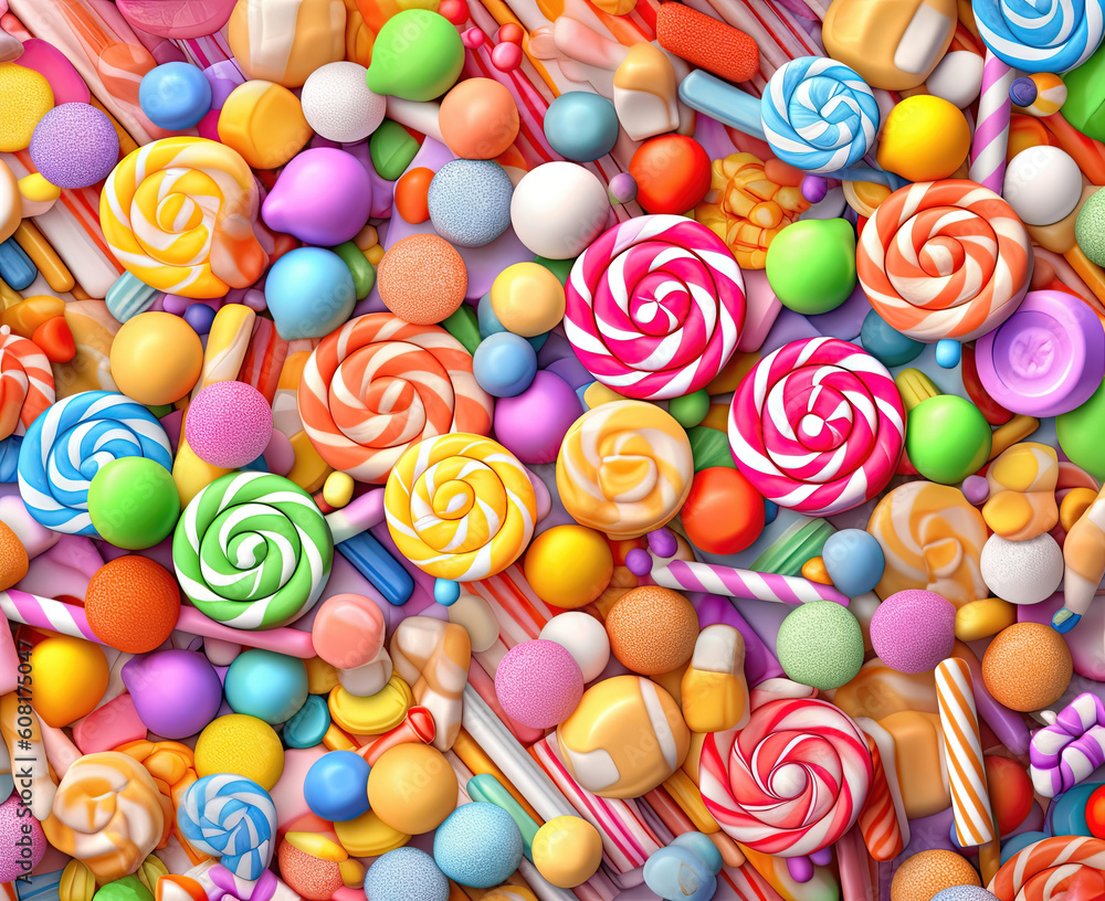 Colorful lollipops and multi-colored round candies. View from above.