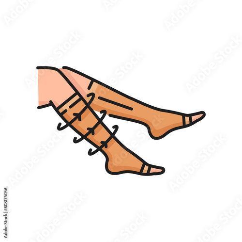 Compression socks, abnormal blood pressure, weak valves. Vector arrows and waves, stockings and varicose veins, vascular disease treatment outline icon