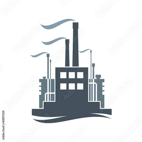Factory icon, power plant industrial building with chimney smoke, vector symbol. Energy industry factory symbol, chemical refinery, oil gas pipeline plant, coal mine or metallurgy manufacture factory