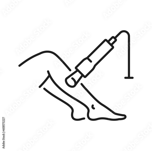 Edema and swelling legs, phlebologist and laser, diagnosis of thrombosis line icon. Vector ultrasound treatment, women legs
