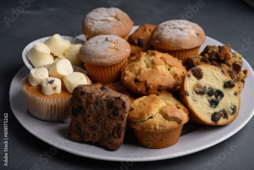 selection of muffins, scones, and cookies arranged on plate for tea-time treat, created with generative ai