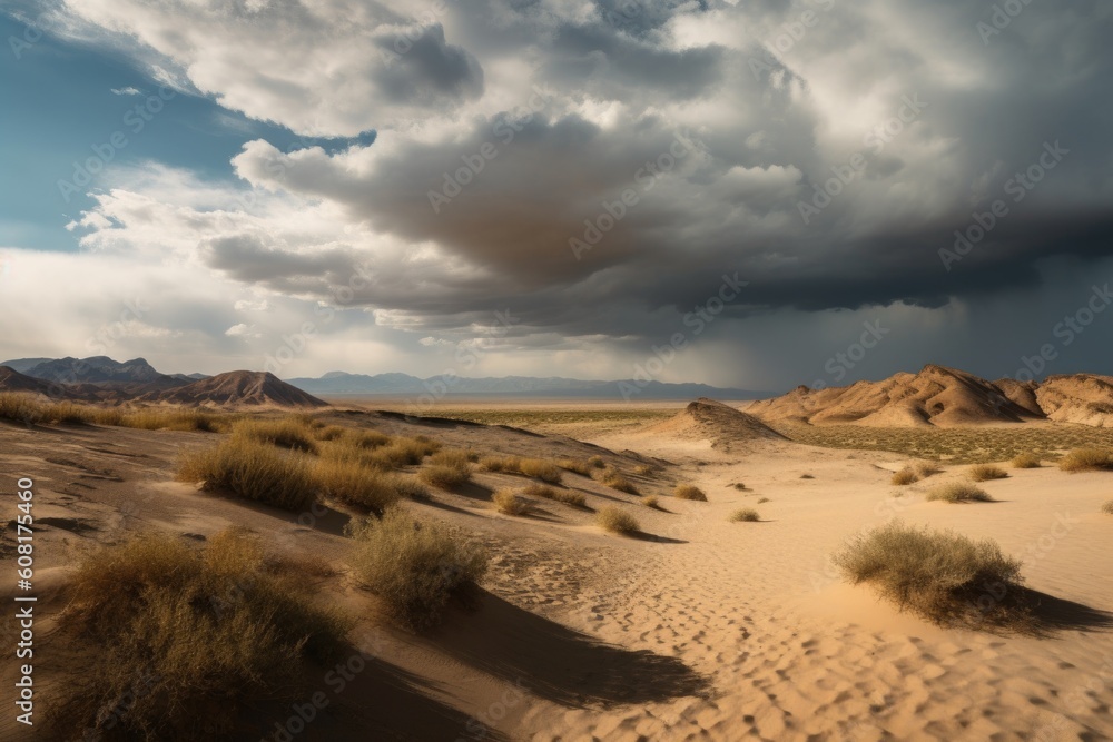 desert landscape with rolling dunes and distant storm clouds, created with generative ai