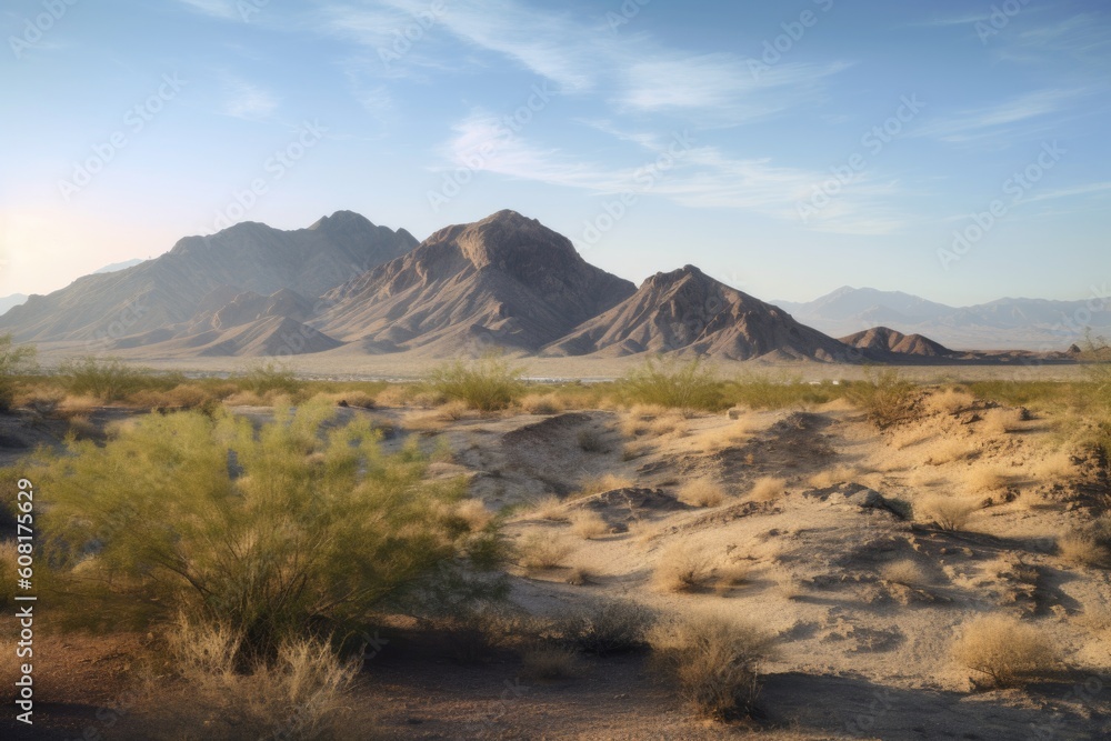 desert landscape with view of distant mountain range, showing the contrast between hot and cool climates, created with generative ai