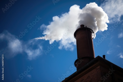 close-up of chimney with smoke billowing out, surrounded by blue sky, created with generative ai