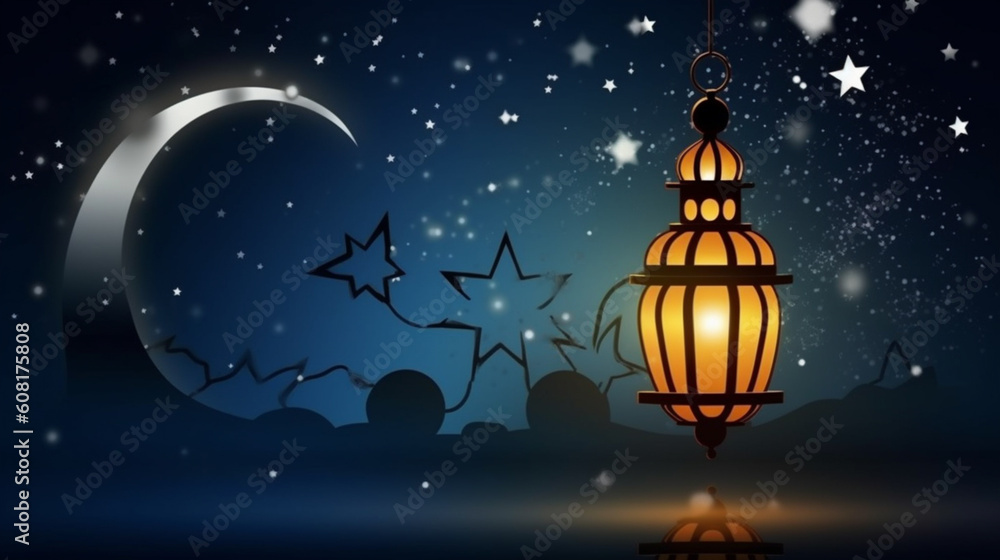 Naklejka premium islamic background with moon lanterns and mosque for ramadan eid ul fitr and eid al adha eid milad muharram generative ai