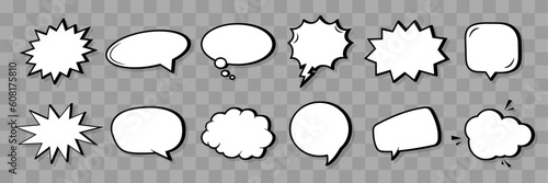 Set of comic bubble speech clouds with halftone shadows. Retro cartoon stickers. Vector illustration