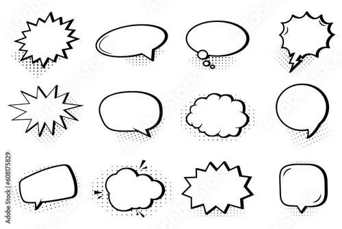 Set of comic bubble speech clouds with halftone shadows. Pop art retro cartoon stickers. Vector illustration