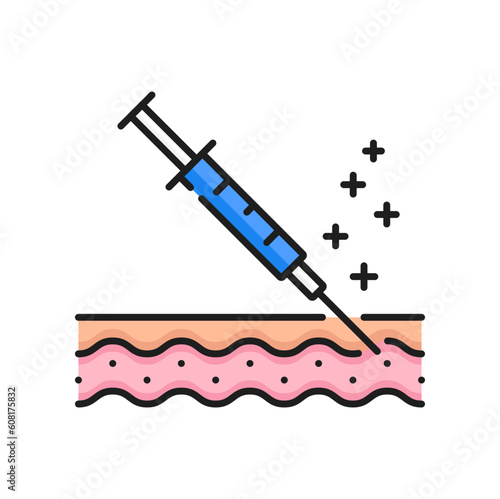 Skin care injection, dermatology line icon. Aesthetic injectables, face skin lifting, anti aging procedure or treatment outline vector sign. Mesotherapy, neurotoxin injection pictogram with syringe