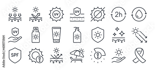 Sunscreen and uv protection concept editable stroke outline icon isolated on white background flat vector illustration. Pixel perfect. 64 x 64.