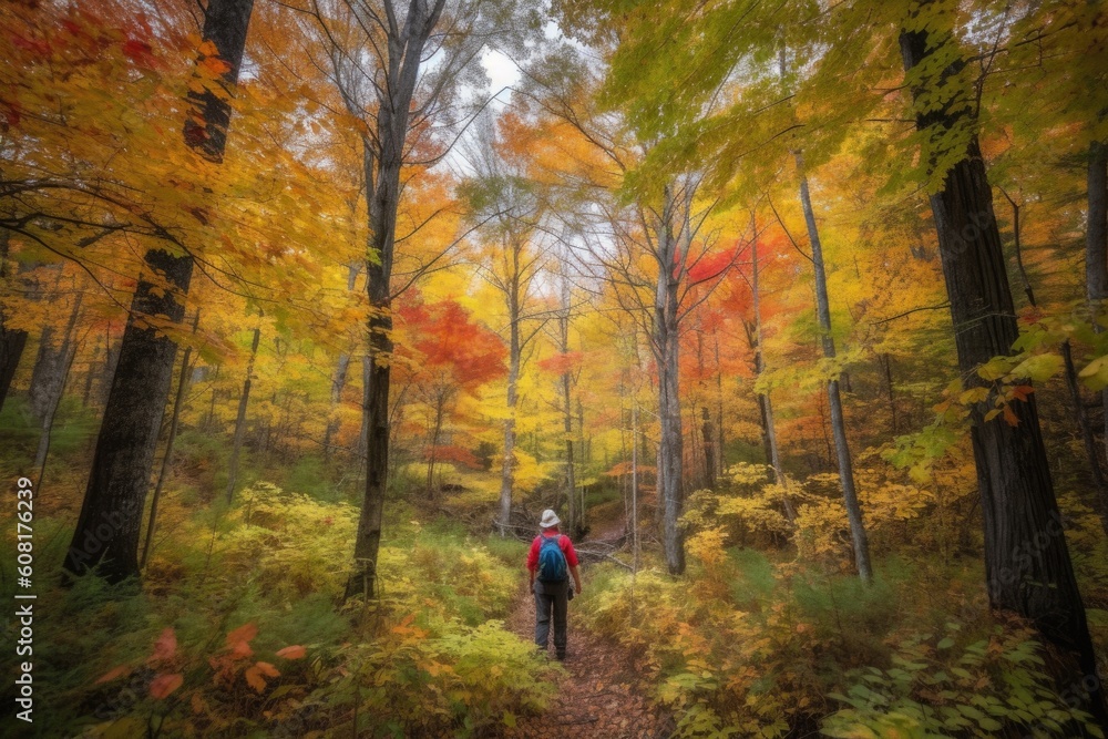 hiker, surrounded by towering trees and colorful foliage, on a serene autumn forest hike, created with generative ai hiker, surrounded by towering trees and colorful foliage, on a serene autumn forest hike, created with generative ai