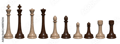 Realistic chess pieces in group set. 3d vector king, queen bishop and pawn rook. Whood chess figures for strategic board game. Intellectual leisure activity symbol.