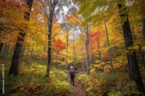 hiker, surrounded by towering trees and colorful foliage, on a serene autumn forest hike, created with generative ai