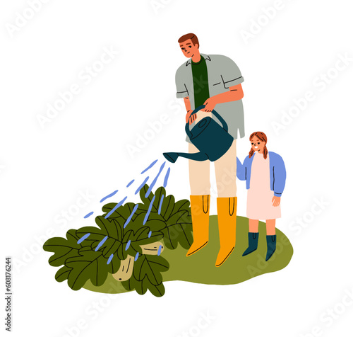 Family watering vegetable plants. Father and daughter farmers, gardeners cult...