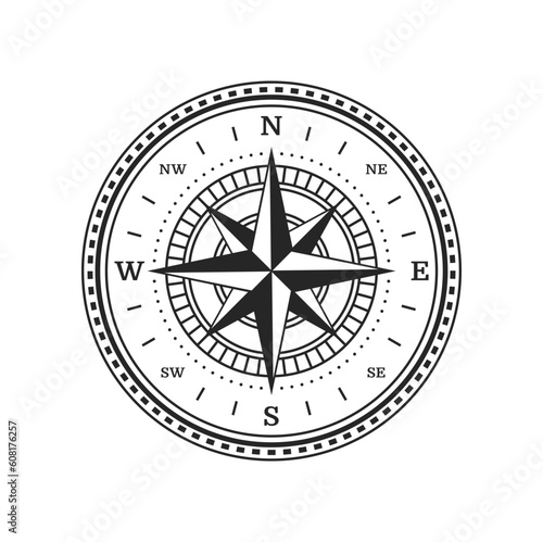 Compass wind rose, vintage map with north star arrow, vector nautical travel old icon. Marine navigation and sailing adventure compass with wind rose direction in east and west, cartography symbol