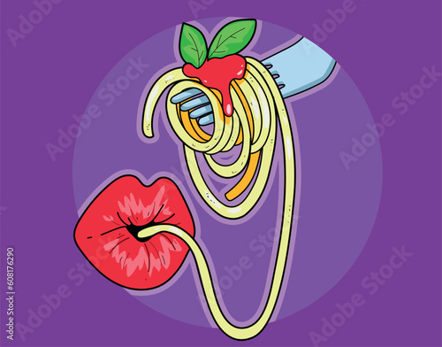 A woman eating a pasta. Woman lips with coloring in red and a tasty pasta. Pop-art, modern. Vector illustration.