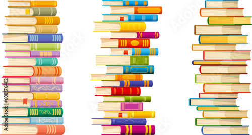 High books stacks and piles. Vector school library books, student textbooks, dictionaries and encyclopedias piles. Bookstore bestsellers, color hardcover novels and poetry literature heaps, education