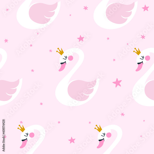 Fototapeta Naklejka Na Ścianę i Meble -  White swan pattern design with stars - funny hand drawn doodle, seamless pattern. Lettering poster or t-shirt textile graphic design. Wallpaper, wrapping paper, background.