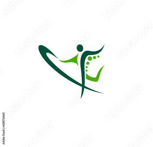 Physiotherapy icon of body health, physical therapy, back pain and spine massage treatment. Vector human silhouette doing rehabilitation and recovery exercises, physiotherapist or chiropractor emblem