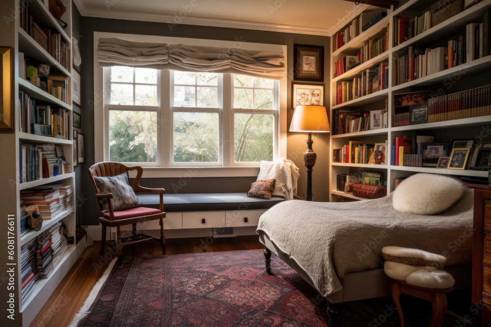 cozy reading nook with floor-to-ceiling bookshelves, cozy armchair and window seat, created with generative ai