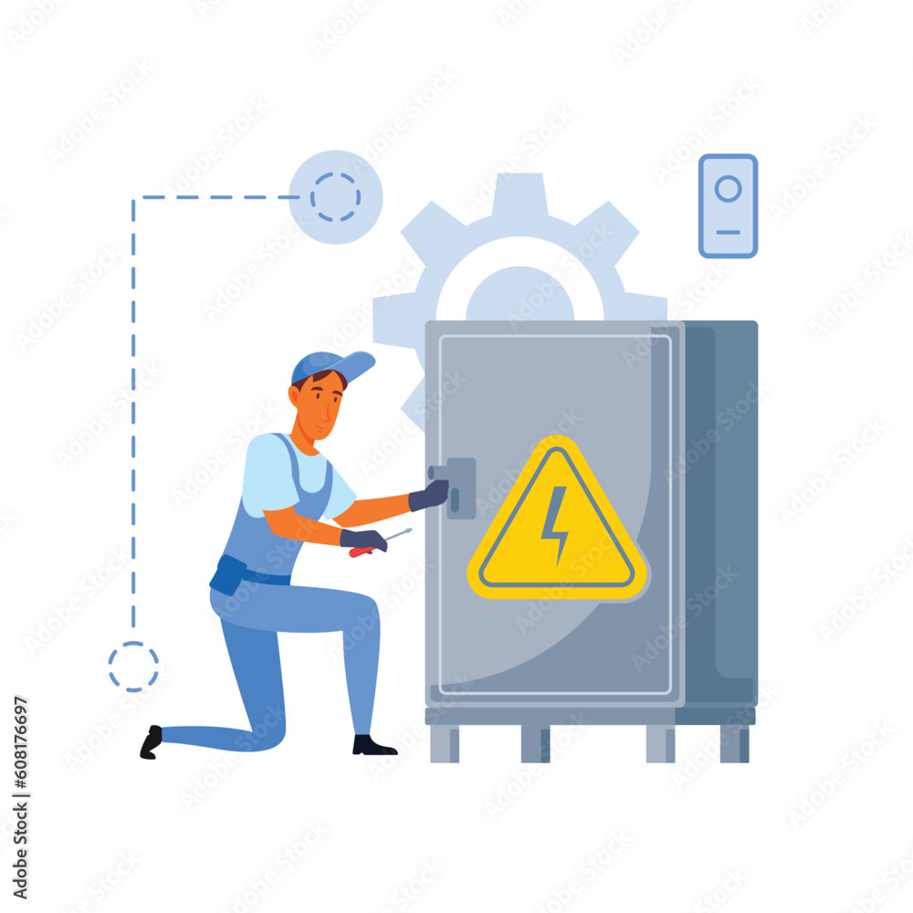 man with a sign electric box control with gear background man with a sign electric box control with gear background